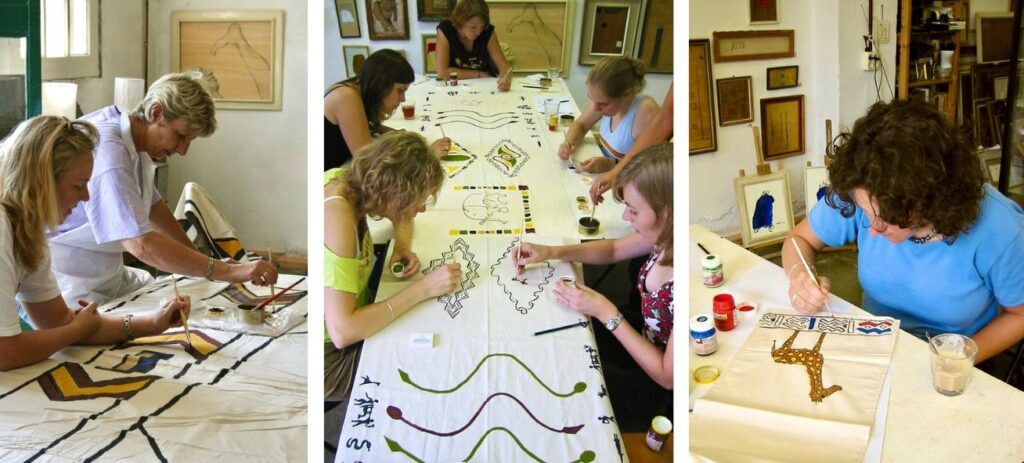 Schilderworkshop vrijgezellenfeest, workshop vrijgezellendag, creatieve activiteit Afrika, Afrikaans schilderen, AfrikaCentrale